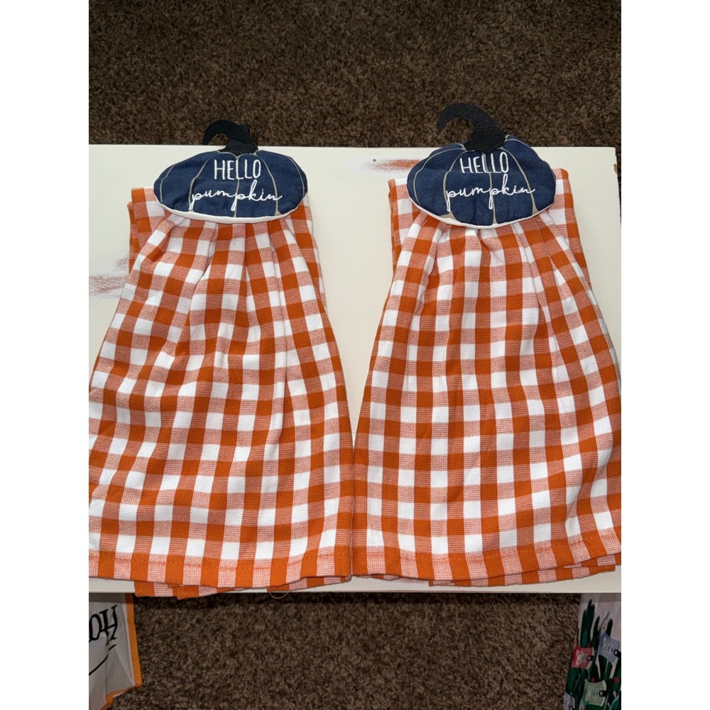 Set of 2 Hello Pumpkin Hanging Kitchen Hand Towels Orange Gingham Buffalo Check